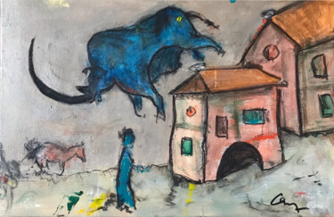 Schilderij getiteld "Rhinocéros bleu" door Claude-Yvan Conne, Origineel Kunstwerk, Acryl