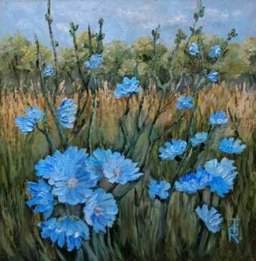 Chicory blooms Peinture intitulée "Chicory blooms" par Tamara Rozinskay, Œuvre d'art originale, Huile