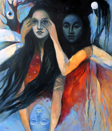 BURDENED WITH LIGHT - surreal figurative artwork with women Malerei mit dem Titel "BURDENED WITH LIGHT…" von Irina Makarova, Original-Kunstwerk, Öl Auf Keilrahmen aus Holz montiert