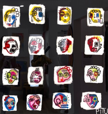 Ζωγραφική με τίτλο "16 Heads (Black Bac…" από Pitu, Αυθεντικά έργα τέχνης, Ακρυλικό