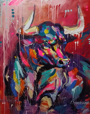 Bull Schilderij getiteld "Bull" door Aliaksandra Tsesarskaya, Origineel Kunstwerk, Acryl Gemonteerd op Frame voor houten brancard