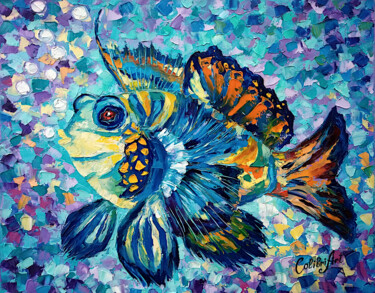 「Fish Painting Impas…」というタイトルの絵画 Tatiana Matveevaによって, オリジナルのアートワーク, オイル ウッドストレッチャーフレームにマウント