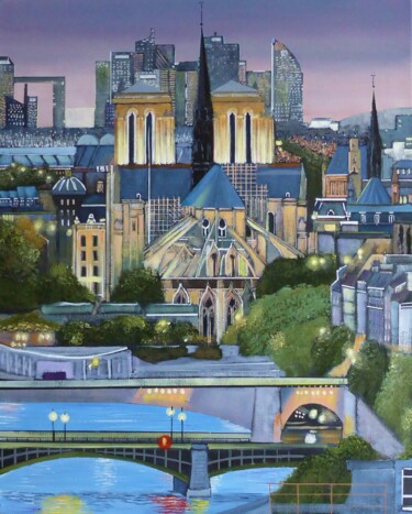 Painting titled "douce nuit" by Jean-Michel Yon, Original Artwork, Oil Mounted on Wood Stretcher frame