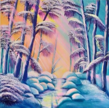 Winter river and trees in snow (colorful landscape) Peinture intitulée "Winter river and tr…" par Invinci Bill Jean, Œuvre d'art originale, Acrylique