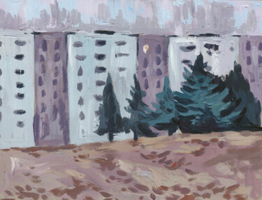 Pittura intitolato "City etude with blu…" da Yuliya Kachan, Opera d'arte originale, Tempera