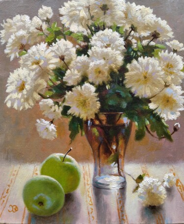 Картина под названием "White chrysanthemums" - Oleg Khoroshilov, Подлинное произведение искусства, Масло