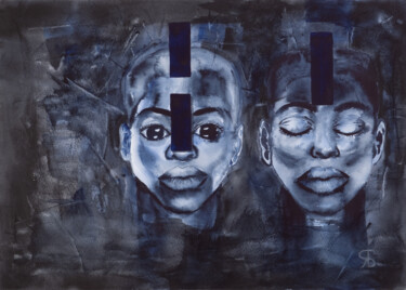 Painting titled "Blue geometry" by Yana Bila, Original Artwork, Watercolor