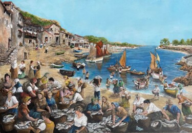 Peinture intitulée "l'arrivée des batea…" par Jacques Moncho (Art d'antan), Œuvre d'art originale, Huile