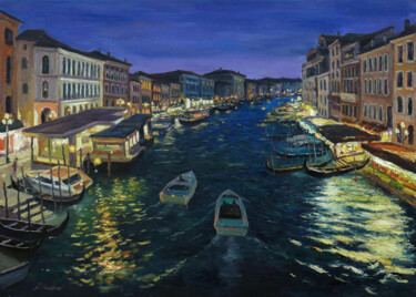 Night Venice. Original Oil Painting. Impressionist Impasto Painting titled "Night Venice. Origi…" by Nikolay Dmitriev, Original Artwork, Oil Mounted on Wood Stretcher frame