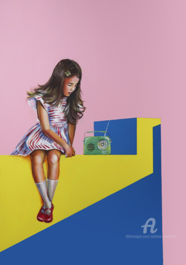 Brunette girl on the roof listening to music 「Brunette girl on th…」というタイトルの絵画 Svetlana Iskoskikhによって, オリジナルのアートワーク, アクリル ウッドストレッチャーフレームにマウント