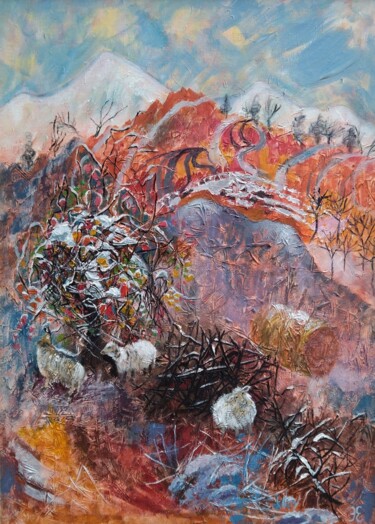 Painting titled "Первый снег" by Evgenia Erkenova, Original Artwork, Acrylic Mounted on Wood Stretcher frame