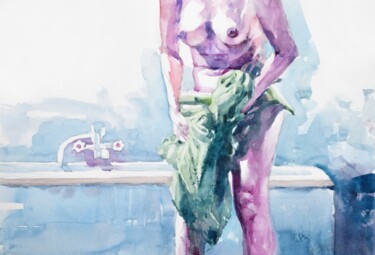 VIolet nde and green towel Painting titled "VIolet nde and gree…" by Goran Žigolić (watercolors), Original Artwork, Watercolor