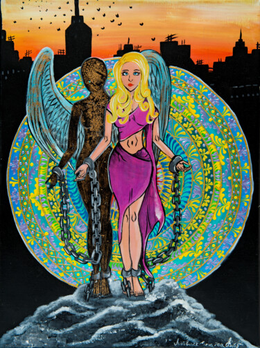 Mandala blond girl in pink dress on mountain city silhouette Картина под названием "Mandala blond girl…" - Elena Polak, Подлинное произведение искусства, Акрил Установлен на Деревянная…