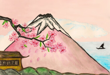 Fuji hill in Japan pink 绘画 标题为“Fuji hill in Japan…” 由Irina Afonskaya, 原创艺术品, 水彩