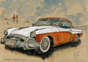 Studebaker Président 1955 Schilderij getiteld "Studebaker Présiden…" door Loran De Cevinne, Origineel Kunstwerk, Aquarel