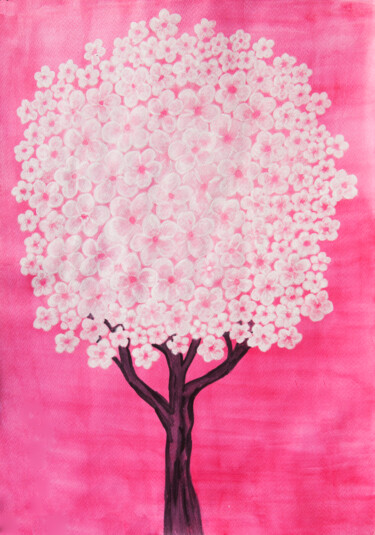 Tree with white flowers on pink Painting titled "Tree with white flo…" by Irina Afonskaya, Original Artwork, Watercolor