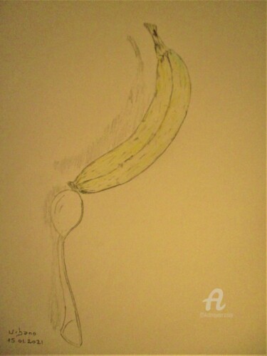 Drawing titled "Banane en équilibre" by Roberto Urbano, Original Artwork, Pencil