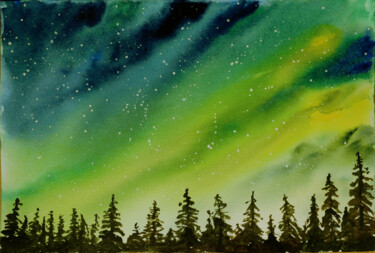 Watercolor landscape, yellow sky in the forest Peinture intitulée "Watercolor landscap…" par Jean-Marc Quilichini, Œuvre d'art originale, Aquarelle