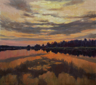 Sunset Above The River - original impressionist oil painting Painting titled "Sunset Above The Ri…" by Nikolay Dmitriev, Original Artwork, Oil Mounted on Wood Stretcher frame