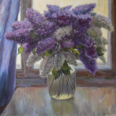 The Lush Bouquet Of Lilacs - Original Floral Still Life Painting titled "The Lush Bouquet Of…" by Nikolay Dmitriev, Original Artwork, Oil Mounted on Wood Stretcher frame