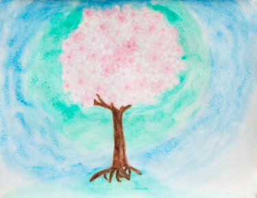 Tree with white and pink flowers Painting titled "Tree with white and…" by Irina Afonskaya, Original Artwork, Watercolor