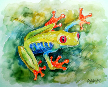 Frog Painting Animal Painting Tropical Nature Wall Art Small 「Frog Painting Anima…」というタイトルの絵画 Tatiana Matveevaによって, オリジナルのアートワーク, 水彩画