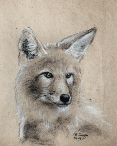 Drawing titled "Portrait of a coyot…" by Viktoriia Gaman, Original Artwork, Charcoal
