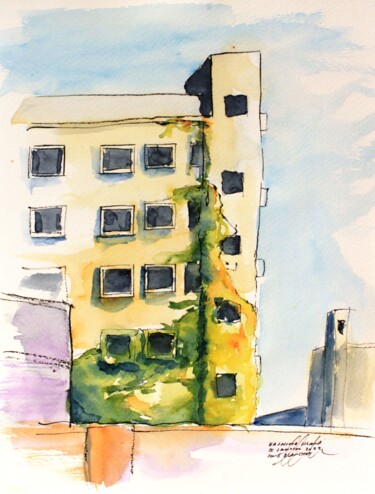 Bâtiment abandonné de l'ile Hashima au Japon Drawing titled "Bâtiment abandonné…" by René Blanchet, Original Artwork, Ink