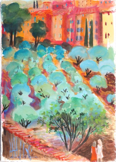 Le Jardin des Oliviers à Aups Peinture intitulée "Le Jardin des Olivi…" par Michel Charrier, Œuvre d'art originale, Aquarelle