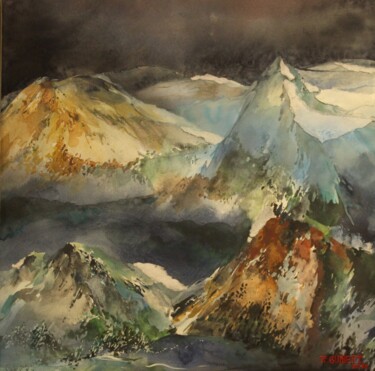 Painting titled "4 sommets" by Raymond Guibert, Original Artwork, Watercolor Mounted on Wood Stretcher frame