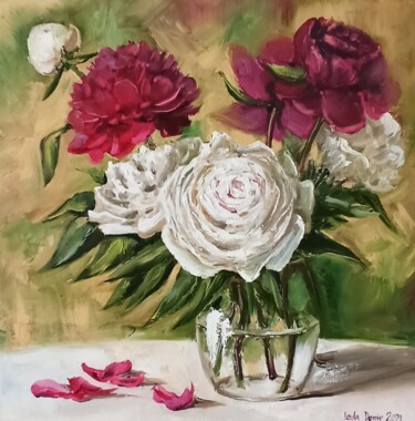 Peonies Bouquet, Red and white flowers Malerei mit dem Titel "Peonies Bouquet, Re…" von Leyla Demir, Original-Kunstwerk, Öl Auf Keilrahmen aus Holz montiert