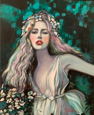 "Des fleurs et une é…" başlıklı Tablo Martine Perugini tarafından, Orijinal sanat, Petrol Ahşap Sedye çerçevesi üzerine mont…