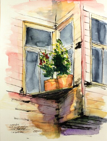 Pots de fleurs sur la rue Katip Cesmesi à Istambul Drawing titled "Pots de fleurs sur…" by René Blanchet, Original Artwork, Ink