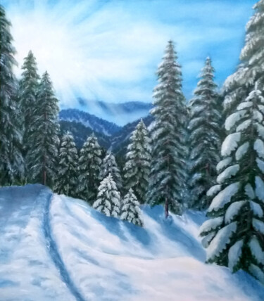 Dawn in the mountainsuntains Schilderij getiteld "Dawn in the mountai…" door Elena Makhonina, Origineel Kunstwerk, Olie Gemonteerd op Frame voor houten b…