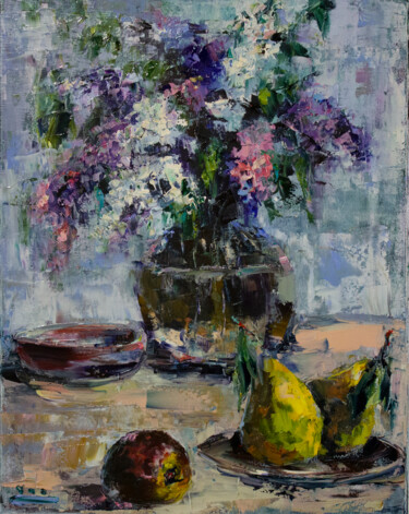 Lilacs and Pears in Impressionism 绘画 标题为“Lilacs and Pears in…” 由Oleg Sharapanovsky, 原创艺术品, 油 安装在木质担架架上