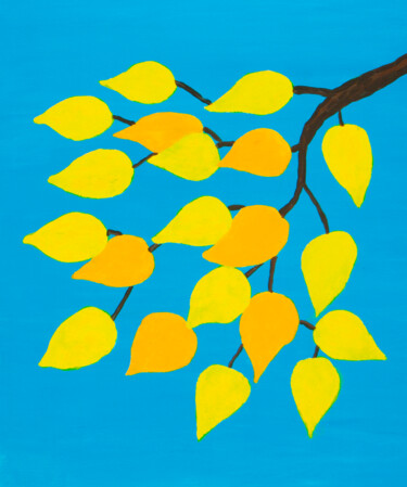 Autumn branch with yellow leaves on blue sky Painting titled "Autumn branch with…" by Irina Afonskaya, Original Artwork, Acrylic Mounted on Cardboard
