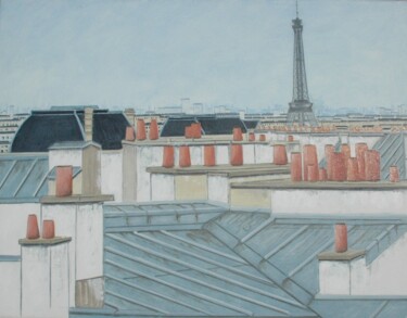 「Les toits de Paris…」というタイトルの絵画 Jacques Dolleyによって, オリジナルのアートワーク, アクリル ウッドストレッチャーフレームにマウント