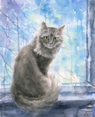 绘画 标题为“March and cat” 由Alyona Masterkova, 原创艺术品, 水彩