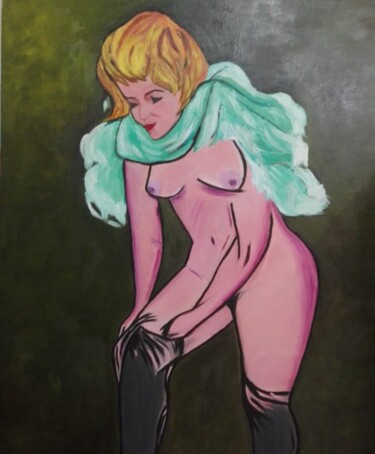 Subiendose la media Painting titled "Subiendose la media" by Encarnita Martin, Original Artwork, Oil Mounted on Wood Stretcher frame