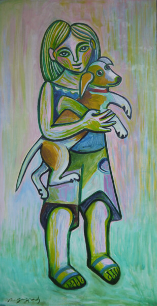 제목이 "A girl with a dog"인 미술작품 Levan Goglidze로, 원작, 기름