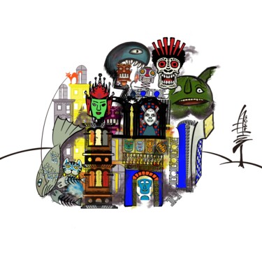 Digitale Kunst mit dem Titel "Masken Wald" von Manfred Hoppe, Original-Kunstwerk, 2D digitale Arbeit