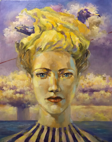 Painting titled "My blue bird Origin…" by Helga Balaban, Original Artwork, Oil