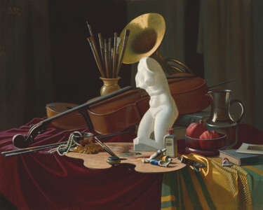 Peinture intitulée "Art Attributes" par Andrey Pingachev, Œuvre d'art originale, Huile Monté sur Châssis en bois