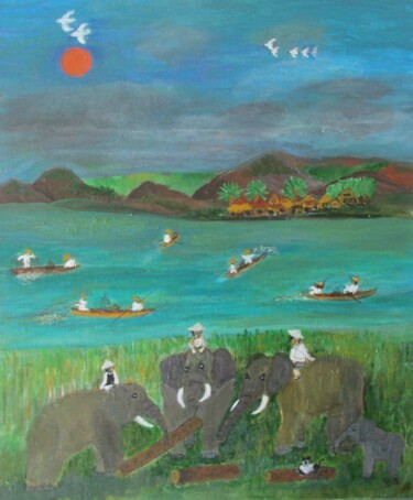 Peinture intitulée ".Pécheurs et élépha…" par Bruno Grégory (BG), Œuvre d'art originale, Acrylique