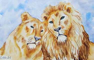 绘画 标题为“Lion Painting Love…” 由Tatiana Matveeva, 原创艺术品, 水彩