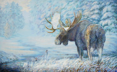 "Winter landscape with moose" 「"Winter landscape w…」というタイトルの絵画 Ales Filipovichによって, オリジナルのアートワーク, オイル