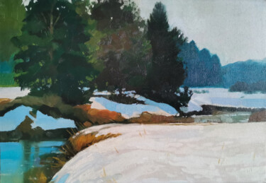 Nikulchinka river Peinture intitulée "Nikulchinka river" par Daniil Mikhailov, Œuvre d'art originale, Huile Monté sur Carton