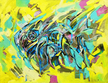 Fish Turquoise Acara (Andinoacara rivulatus) Painting titled "Fish Turquoise Acar…" by Olya Kartavaya, Original Artwork, Oil Mounted on Wood Stretcher frame