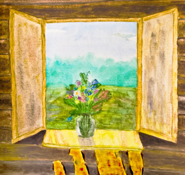 Bouquet of wild flowers on window Peinture intitulée "Bouquet of wild flo…" par Irina Afonskaya, Œuvre d'art originale, Aquarelle