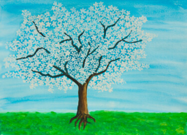 White spring tree in blossom on blue sky Painting titled "White spring tree i…" by Irina Afonskaya, Original Artwork, Watercolor